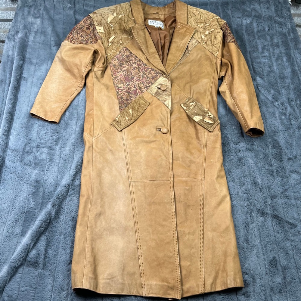 Pelle Studio Vintage Tan Leather Patchwork Western Trench Coat Paisley Gold S